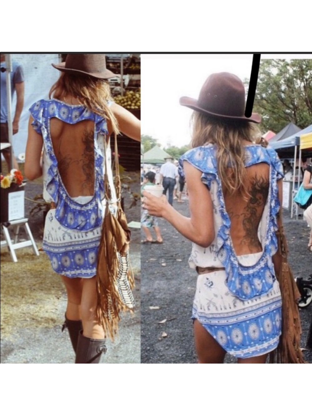 Spell Coyote Shift Dress Rare Open-Back Mini Dress in Blue and White